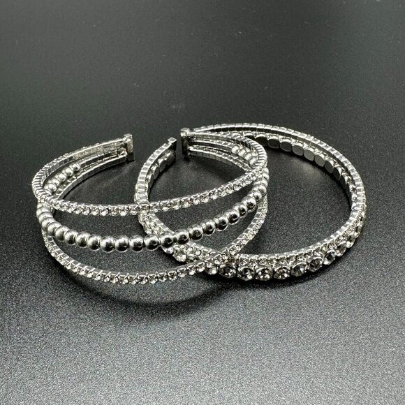 Rhinestone Cuff Bracelet Set Silver Tone Stretch Bling Statement 2pc Formal - Picture 6 of 12